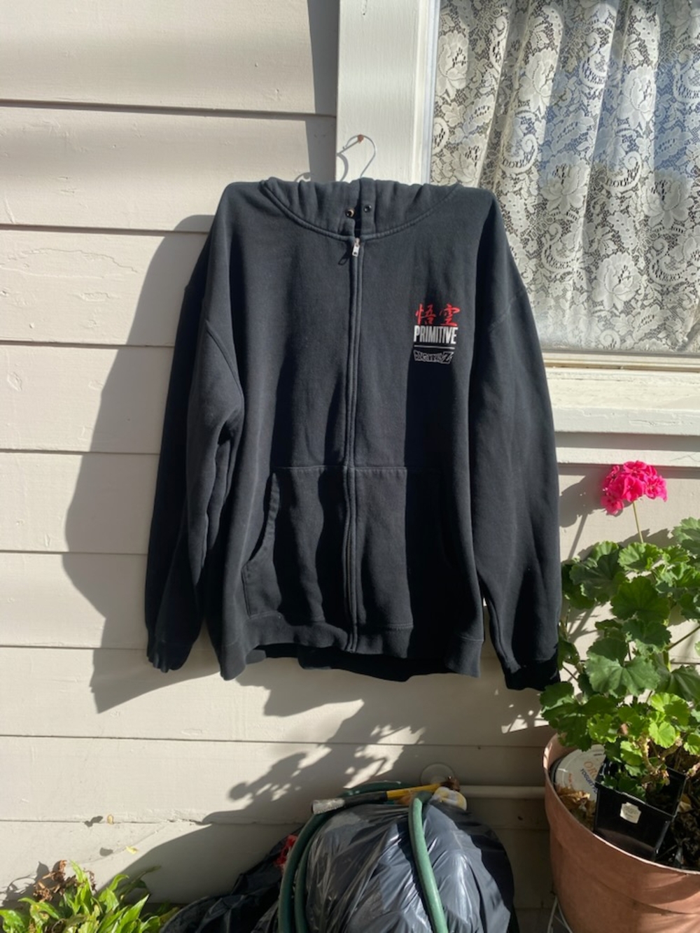 Primitive Black Zip-Up Hoodie with Red Chest Logo (Will Do Cheaper On Vinted)